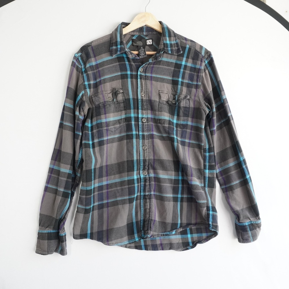 Y2K Ocean Pacific Mens Plaid Flannel Shirt Grey Teal Purple Size Small Grunge